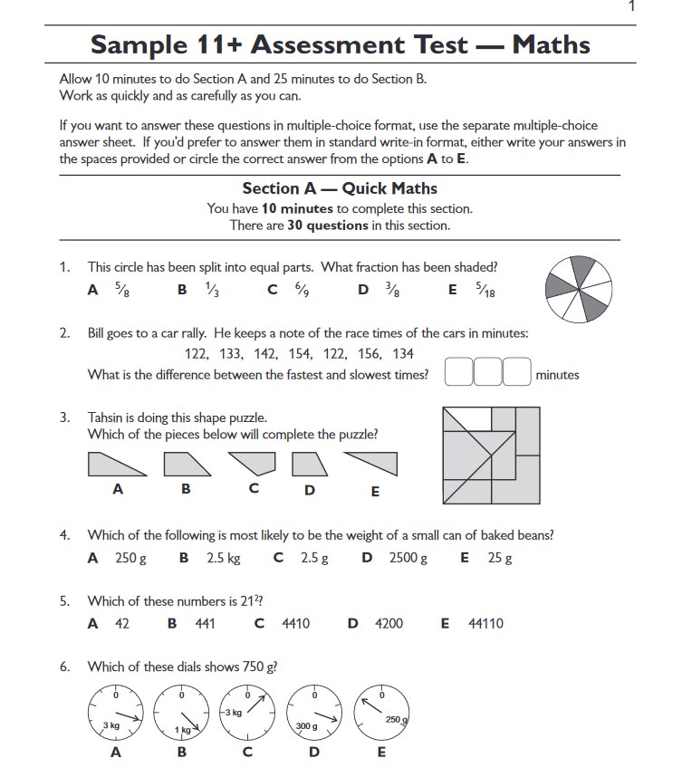 Maths Medway 11 Plus Test Sample